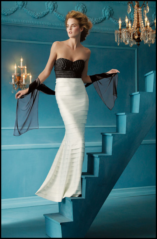 Nordstrom JS Collections Laser Cut Gown black top, white bottom fitted dress